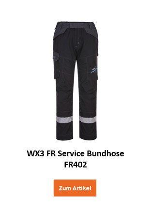 WX3 FR Service Bundhose FR402 in Schwarz mit hinterlegtem Link, der zur Artikelseite führt.