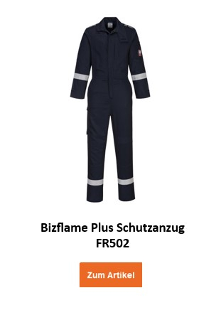 Bizflame Plus Schutzanzug FR502 in Dunkelblau mit hinterlegtem Link, der zur Artikelseite führt.