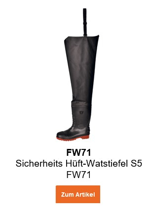 Bild des Sicherheits-Hüft-Watstiefels S5 FW71 in Schwarz mit hinterlegtem Link, der zur Artikelseite führt.