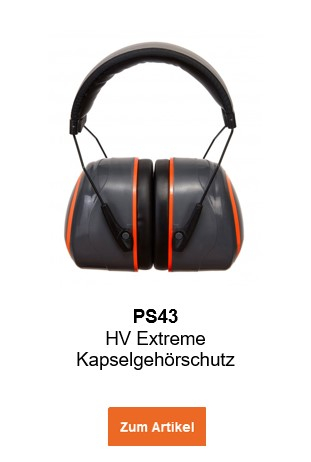 Bild des PS43 HV Extreme -kapselgehörschutzes in Schwarz mit roten Details und hinterlegtem Link, der zur Artikelseite führt.