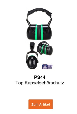 Bild des PS44 Top Kapselgehörschutzes in Schwarz mit grünen Details und hinterlegtem Link, der zur Artikelseite führt.