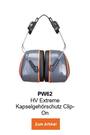 Bild des PW62 HV Extreme Kapselgehörschutz Clip On in Grau mit orangen Details und hinterlegtem Link, der zur Artikelseite führt.