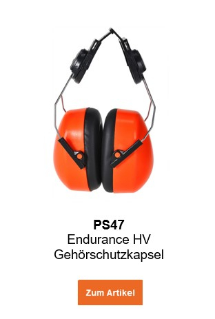 Bild der PS47 Endurance HV Gehörschutzkapsel in Orange mit schwarzen Details und hinterlegtem Link, der zur Artikelseite führt.