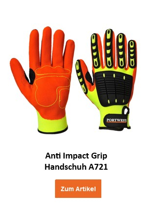 A721: Ein orangefarbener Anti-Impact-Handschuh mit gelben und schwarzen Schutzpolstern auf Handrücken und Fingern. Der Handschuh bietet zusätzlichen Schutz vor Stößen und Schlägen. Hinterlegt ist ein Link, der zum Handschuh führt.