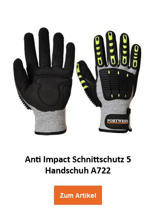 A722: Ein grauer Anti-Impact-Handschuh mit schwarzen und gelben Schutzpolstern auf Handrücken und Fingern. Der Handschuh bietet zusätzlichen Schutz vor Stößen und Schlägen. Hinterlegt ist ein Link, der zum Handschuh führt.