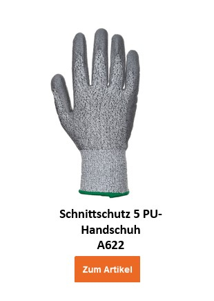 A622: Ein grauer, schnittfester Handschuh mit gestricktem Handrücken und beschichteter Handfläche. Der Handschuh bietet zusätzlichen Schutz vor Schnitten und Abrieb. Hinterlegt ist ein Link, der zum Handschuh führt.