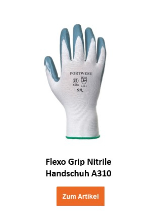 A310: Ein weißer Arbeitshandschuh mit grauer, beschichteter Handfläche und Fingerspitzen. Auf dem Handschuh ist das Portwest-Logo sowie die Größen- und Zertifikatsinformationen aufgedruckt. Hinterlegt ist ein Link, der zum Handschuh führt.