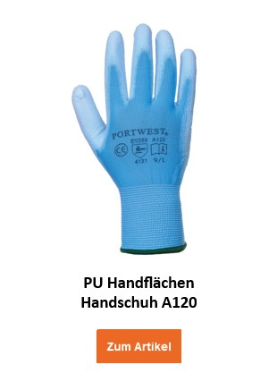 A120: Ein blauer Arbeitshandschuh mit gestricktem Handrücken und beschichteter Handfläche. Auf dem Handschuh ist das Portwest-Logo sowie die Größen- und Zertifikatsinformationen aufgedruckt. Hinterlegt ist ein Link, der zum Handschuh führt.