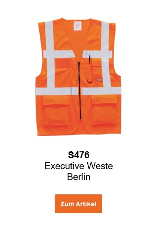 Bild der Executive Weste Berlin S476 in Orange mit hinterlegtem Link, der zur Artikelseite führt.