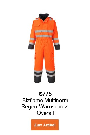 Bild des Bizflame Multinorm Regen-Warnschutz-Overalls S775 in Orange mit hinterlegtem Link, der zur Artikelseite führt.