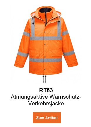 Bild der Atmungsaktiven Warnschutz-Verkehrsjacke RT63 in Orange mit hinterlegtem Link, der zur Artikelseite führt.