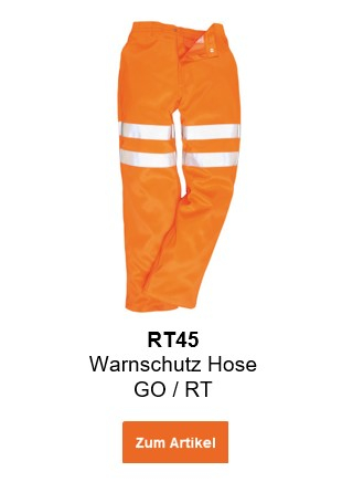 Bild der Warnschutz Hose GO / RT RT45 in Orange mit hinterlegtem Link, der zur Artikelseite führt.