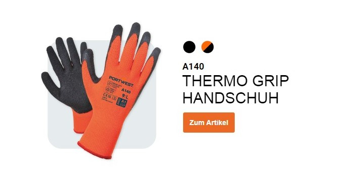 A140 Thermal Grip Glove - Latex in Orange und Schwarz mit einem Button, der zur Artikelseite führt.