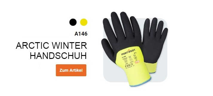 A146 Arctic Winter Glove in Gelb und Schwarz mit einem Button, der zur Artikelseite führt.