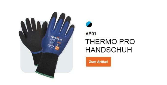 AP01 Thermo Pro Glove in Schwarz und Blau mit einem Button, der zur Artikelseite führt.