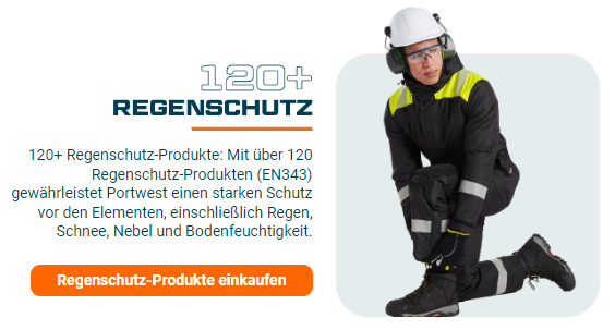 Bild eines in dunkelblau und gelb gekleideten Arbeiters mit Schutzhelm. Daneben befindet sich die Überschrift "120 plus Regenschutz" und ein Textfeld mit folgendem Text: 120+ Regenschutz-Produkte: Mit über 120 Regenschutz-Produkten (EN343) gewährleistet Portwest einen starken Schutz vor den Elementen, einschließlich Regen, Schnee, Nebel und Bodenfeuchtigkeit. Ein oranger Button führt zu unseren Regenschutz-Produkten.