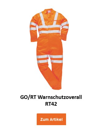 Bild des GO/RT Warnschutzoveralls RT42 in Orange mit hinterlegtem Link zum Artikel.