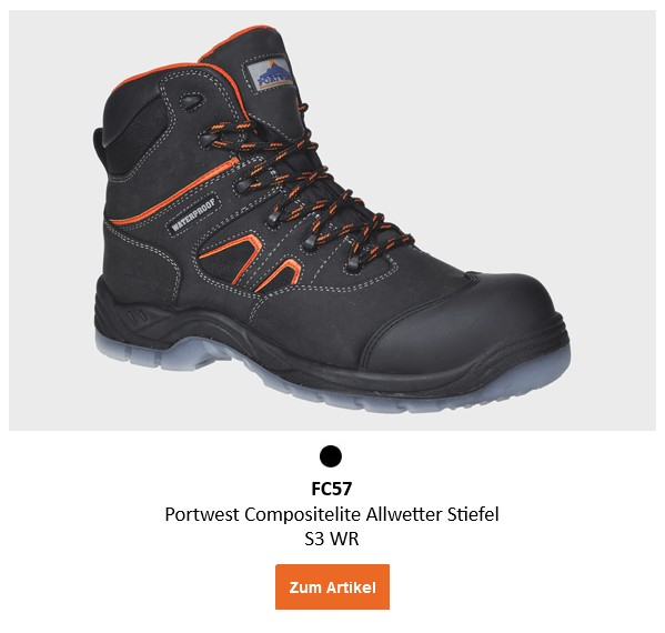 Bild des FC57 Portwest Compositelite Allwetter-Stiefel S3 WR in Schwarz mit orangen Details. Ein Link zur Artikelseite ist hinterlegt.