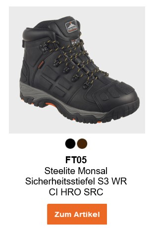 Bild des FT05 Steelite Monsal Sicherheitsstiefel S3 WR CI HRO SRC in Schwarz mit grauen Details. Ein Link zur Artikelseite ist hinterlegt.