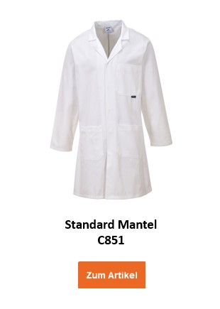 Ein weißer Laborkittel, bezeichnet als "Standard Mantel C851". Der Kittel hat mehrere Taschen und lange Ärmel. Hinterlegt ist ein Link, der zum Artikel führt.