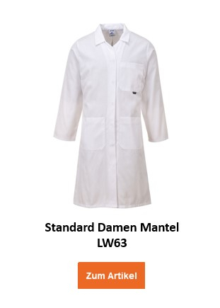 Ein weißer Laborkittel für Damen, bezeichnet als "Standard Damen Mantel LW63". Der Kittel hat mehrere Taschen und lange Ärmel. Hinterlegt ist ein Link, der zum Artikel führt.