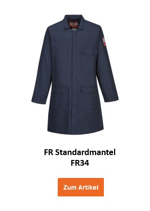 Ein dunkelblauer Laborkittel, bezeichnet als "FR Standardmantel FR34". Der Kittel hat mehrere Taschen und lange Ärmel. Hinterlegt ist ein Link, der zum Artikel führt.