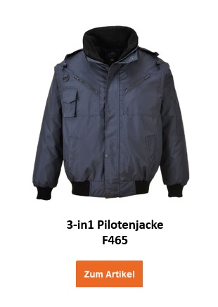 3-in-1 Pilotenjacke F465 in Anthrazit mit abnehmbaren Ärmeln und herausnehmbarem Futter für flexible Einsatzmöglichkeiten. Ein Link zum Artikel ist hinterlegt.