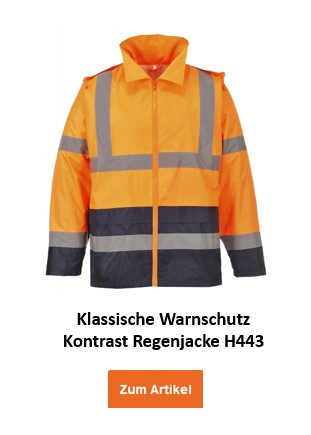 Klassische Warnschutz Kontrast Regenjacke H443 in Orange mit reflektierenden Streifen. Der hinterlegte Link führt zur Artikelseite.