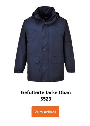 Gefütterte Jacke Oban S523 in Dunkelblau mit hinterlegtem Link zum Artikel.