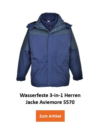 Wasserfeste 3-in-1 Herrenjacke Aviemore S570, in Dunkelblau mit abnehmbarer Kapuze und herausnehmbarem Innenfutter. Ein Link zum Artikel ist hinterlegt.