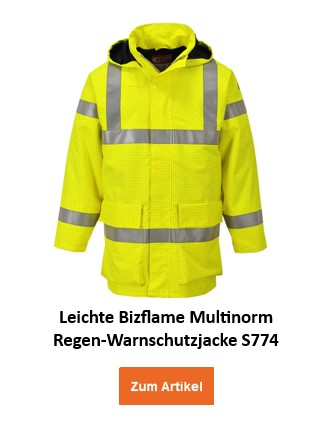 Leichte Bizflame Multinorm Regen-Warnschutzjacke S774 in leuchtendem Gelb mit reflektierenden Streifen. Ein Link zur Artikelseite ist hinterlegt.