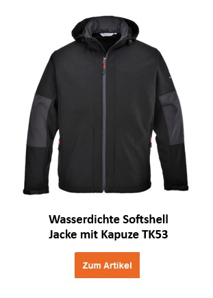 Wasserdichte Softshell-Jacke TK53 mit Kapuze in Schwarz mit hinterlegtem Link zum Artikel.