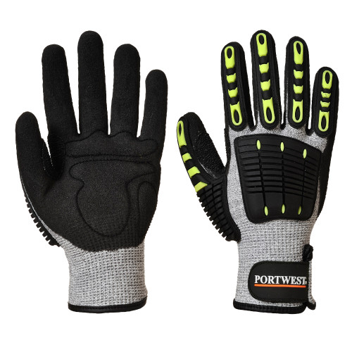 Bild des Anti Cut Winter-Stoßschutz-Handschuhs A729 in Schwarz mit grauen und gelben Details. Ein Link zur Artikelseite ist hinterlegt.