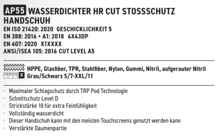 Beschreibung des Wasserdichten HR Cut Stoßschutz-Handschuhs AP55. Einzusehen auf der Artikelseite. Link ist hinterlegt.