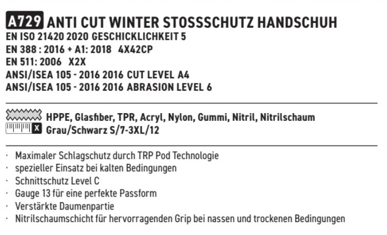 Beschreibung des Anti Cut Winter-Stoßschutz-Handschuhs A729. Einzusehen auf der Artikelseite. Link ist hinterlegt.