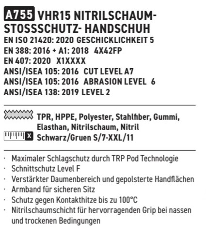 Beschreibung des VHR15 Nitrilschaum-Stoßschutz-Handschuh A755 . Einzusehen auf der Artikelseite. Link ist hinterlegt.