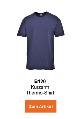 Bild des Kurzarm Thermo-Shirts B120 in Blau mit informativem Text und hinterlegtem Link zum Artikel.