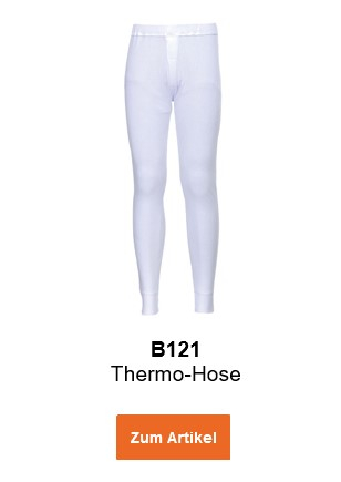 Bild der Thermo-Hose B121 in Weiß mit informativem Text und hinterlegtem Link zum Artikel.