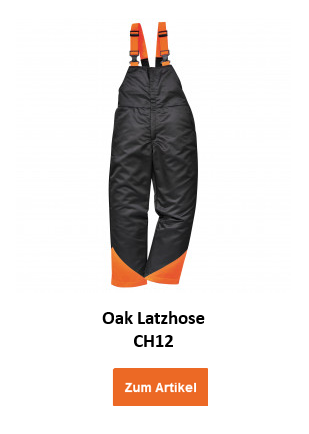 Bild der Oak Latzhose CH12 in Schwarz mit orangen Details, orangem Button und hinterlegtem Link, der zum Artikel führt.