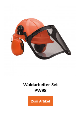 Bild des Waldarbeiter-Sets PW98 in Orange mit Gehörschutz und schwarzem Gesichtsvisier. Darunter befindet sich der Artikelname und ein oranger Button, der zum Artikel führt.