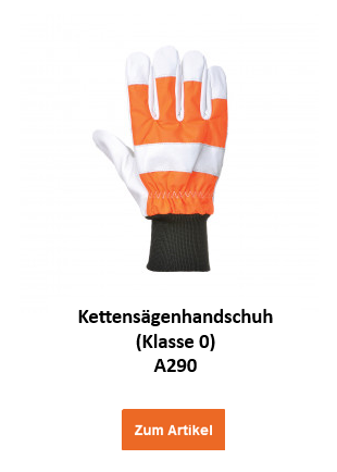 Bild des Kettensägenhandschuhs A290 in Orange, Weiß und Schwarz. Darunter befindet sich der Artikelname und ein oranger Button, der zum Artikel führt.