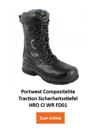 Bild des Portwest Compositelite Traction Sicherheitsstiefels HRO CI WR FD01 in Schwarz mit orangem Button und hinterlegtem Link zum Artikel.