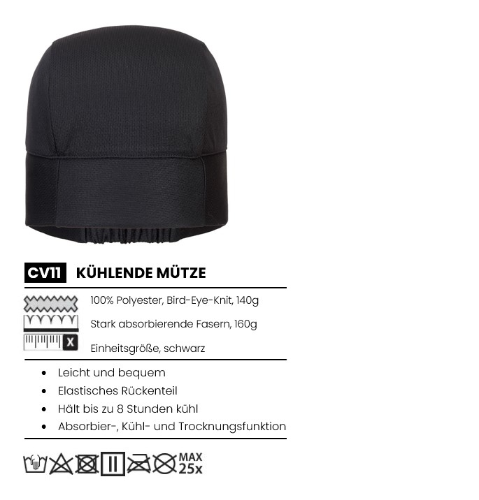 Schwarze Kühlmütze CV11 aus 100% Polyester, Bird-Eye-Knit, 140g, mit stark absorbierenden Fasern, 160g. Einheitsgröße, elastisches Rückenteil. Leicht und bequem, hält bis zu 8 Stunden kühl, mit Absorbier-, Kühl- und Trocknungsfunktionen. Hinterlegt ist ein Link zum Artikel. 