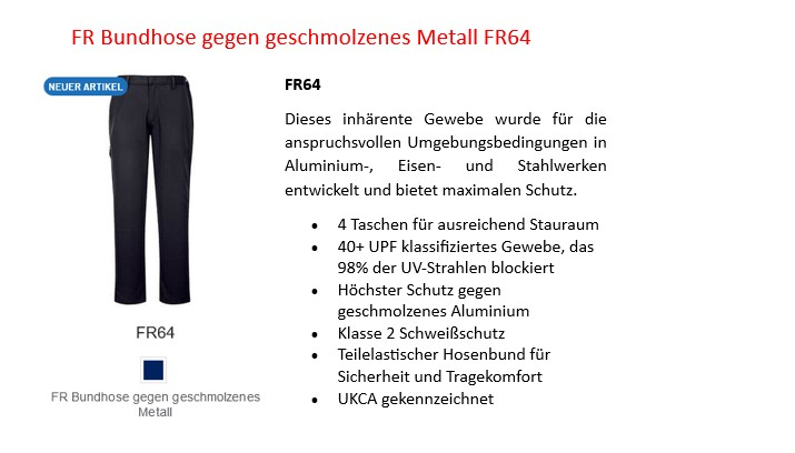 FR Bundhose gegen geschmolzenes Metall FR64 in Dunkelblau mit hinterlegtem Link zum Artikel.