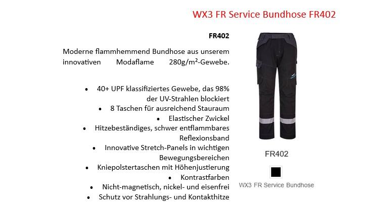 WX3 FR Service Bundhose FR402 in Schwarz mit Reflexstreifen und hinterlegtem Link, der zur Artikelseite führt.