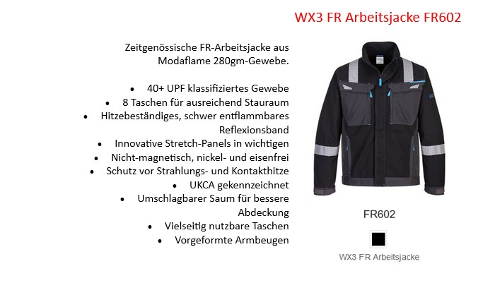 WX3 FR Arbeitsjacke FR602 in Schwarz mit Reflexstreifen und hinterlegtem Link, der zur Artikelseite führt.