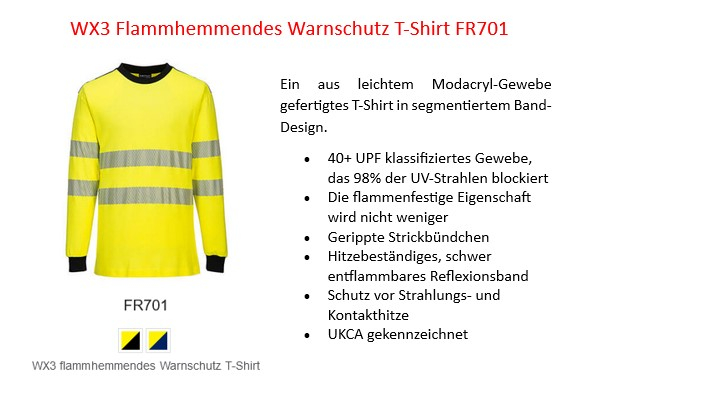 WX3 flammhemmendes Warnschutz T-Shirt FR701 in Gelb mit Relfexstreifen und hinterlegtem Link, der zur Artikelseite führt.