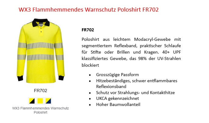 WX3 Flammhemmendes Warnschutz Poloshirt FR702 in Gelb mit Relfexstreifen und hinterlegtem Link, der zur Artikelseite führt.