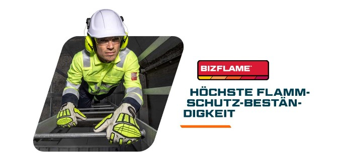 Arbeiter in warngelber Schutzkleidung und weißem Helm, der eine Leiter hochklettert. Neben ihm befindet sich das Logo der Bizflame-Kollektion und die folgende Überschrift: Höchste Flammschutzbeständigkeit. Hinterlegt ist ein Link, der zu unserer Bizflame-Kollektion führt.