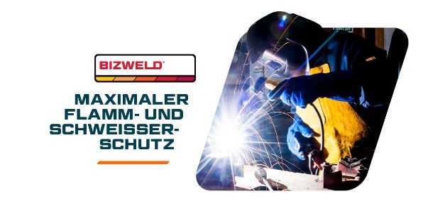 Logo der Bizweld-Kollektion und die folgende Überschrift: Maximaler Flamm- und Schweißerschutz. Daneben ist ein Bild, das eine Person in Schutzkleidung beim Schweißen zeigt. Hinterlegt ist ein Link, der zu unserer Bizweld-Kollektion führt.